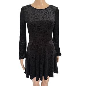 VTG Skater Long Sleeves Dress S Whimsigoth Floral Boho Fairy Grunge Burnout Blck